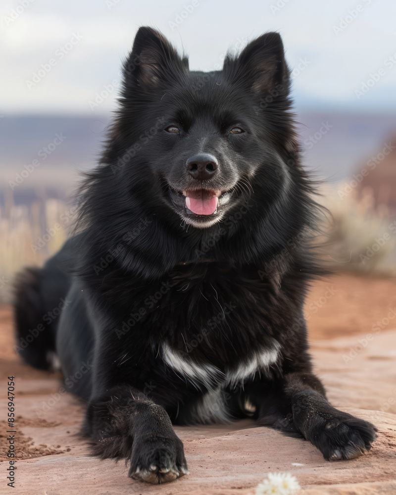 Black Fluffy Dog Relaxing on Rock in Natural Scenic Outdoor Environment with Majestic Background, Happy Canine Posing for Picture, Bright Day in Nature, Beautiful Pet Portrait in Wilderness Black Fluffy Dog Relaxing on Rock in Natural Scenic Outdoor Environment with Majestic Background, Happy Canine Posing for Picture, Bright Day in Nature, Beautiful Pet Portrait in Wilderness