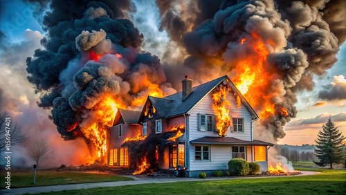 A house engulfed in flames with billowing smoke , fire, burning, disaster, emergency, blaze, heat, flames, rescue, danger