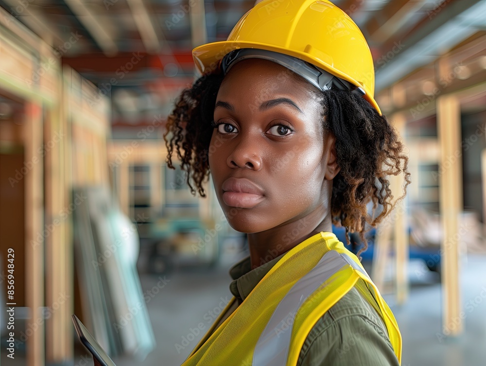 Female Construction Worker in Safety Gear, Holding a Tablet at a Building Site
Female Construction Worker in Safety Gear, Holding a Tablet at a Building Site