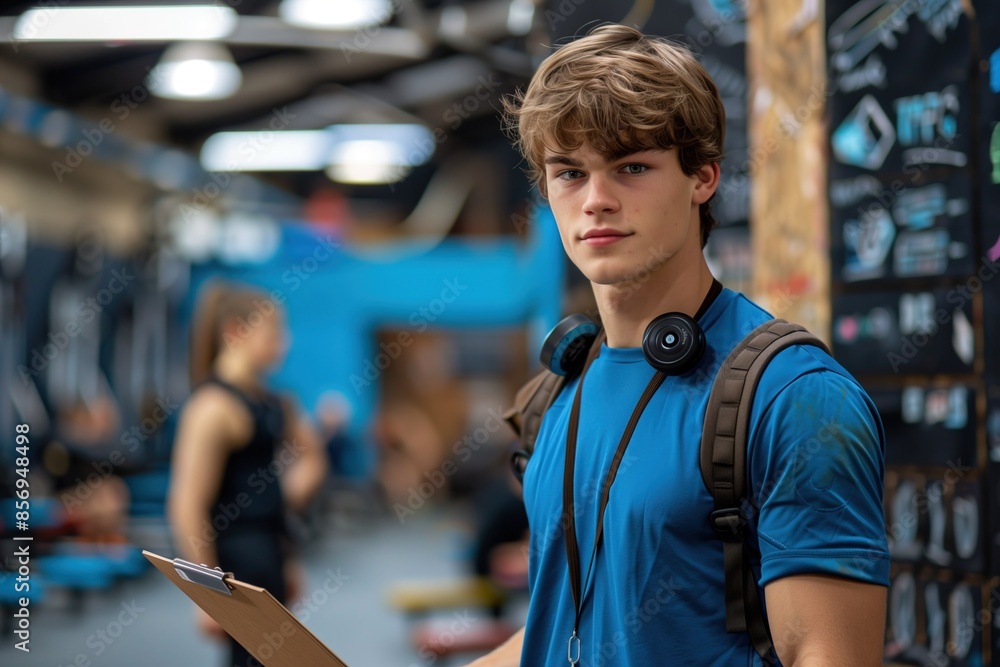 Fototapeta premium Young Male Fitness Instructor in a Gym, Wearing Headphones and Holding a Clipboard 