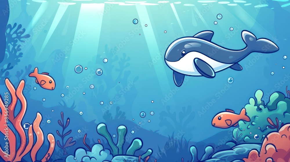 large whale swimming with smaller fish amongst colorful coral reefs and ...