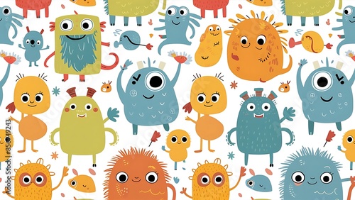 Vector cute doodle monsters seamless pattern photo