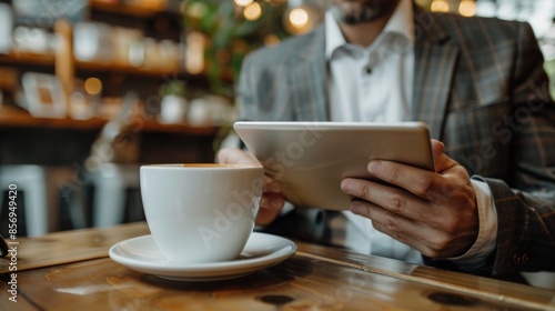 A modern businessman enjoys a coffee break while staying connected with the latest news in a trendy coffee shop. Created with Generative AI.