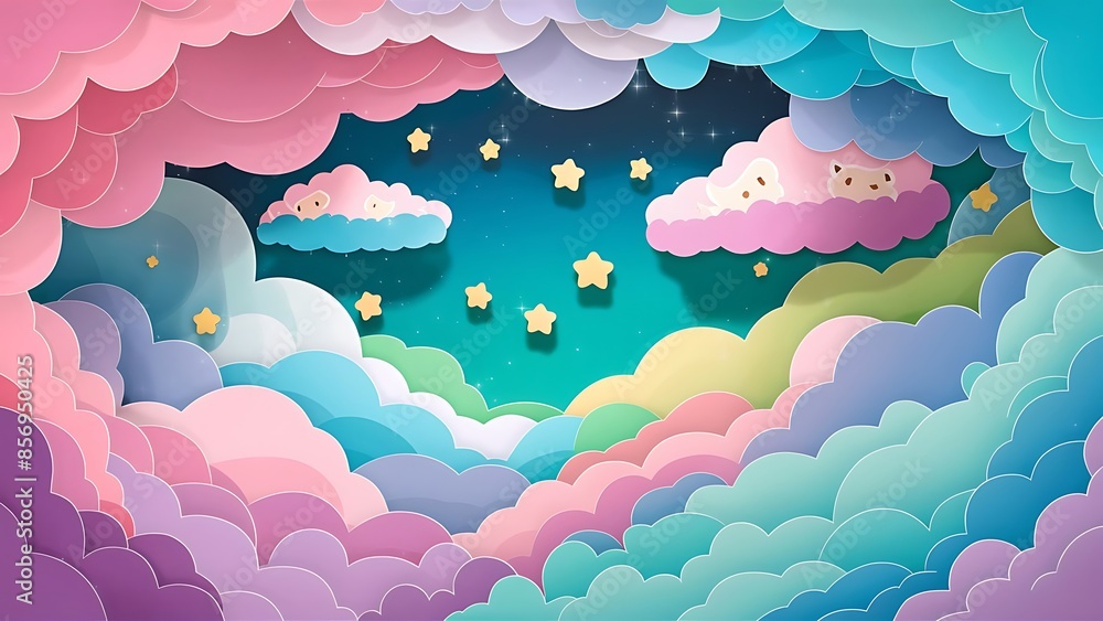 Colorful Sky with Clouds and Stars Background in a paper cut wallpaper Colorful Sky with Clouds and Stars Background in a paper cut wallpaper