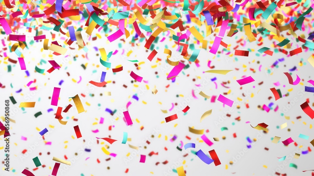 A festive scene of colorful confetti falling from the top of the frame on a plain white background, capturing the joyful essence of celebration and happiness in vibrant hues. A festive scene of colorful confetti falling from the top of the frame on a plain white background, capturing the joyful essence of celebration and happiness in vibrant hues.