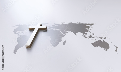 Φωτογραφία Cross of Jesus Christ and world map background, church mission, gospel and evang