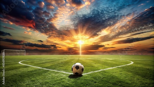 Textured free soccer field illuminated by evening light, showing center field with soccer ball, soccer, field, textured photo