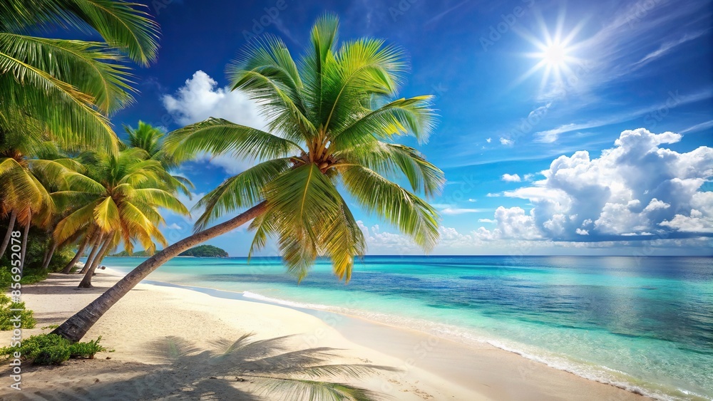 Tranquil exotic summer beach with palm backgrounds, tropical, paradise, relaxation, vacation, paradise, serene