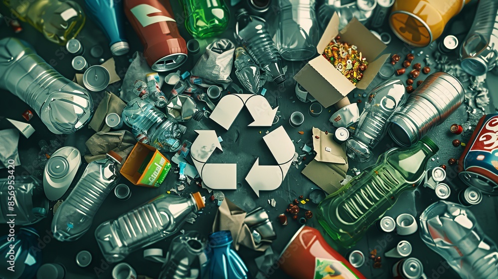 A 3D rendering the recycle and reuse symbol, items like plastic bottles, food packaging, glass bottles, paper, electronic waste, and crushed aluminum cans, the recycling process and zero waste, reduce A 3D rendering the recycle and reuse symbol, items like plastic bottles, food packaging, glass bottles, paper, electronic waste, and crushed aluminum cans, the recycling process and zero waste, reduce
