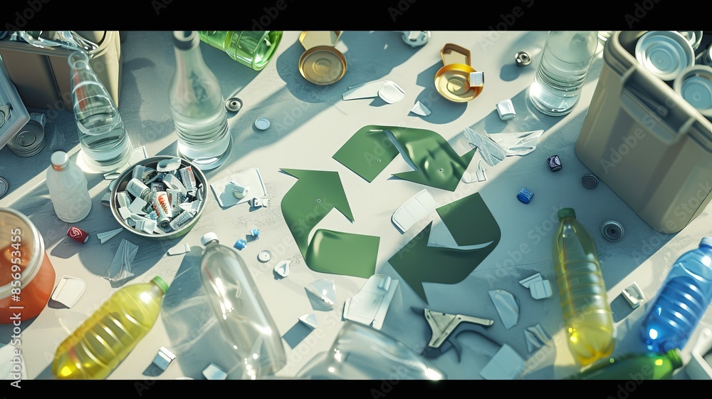 A 3D rendering the recycle and reuse symbol, items like plastic bottles ...