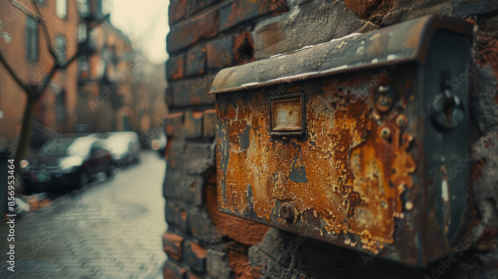 Old rusted mailbox on a brick wall in an urban street setting. Old rusted mailbox on a brick wall in an urban street setting.