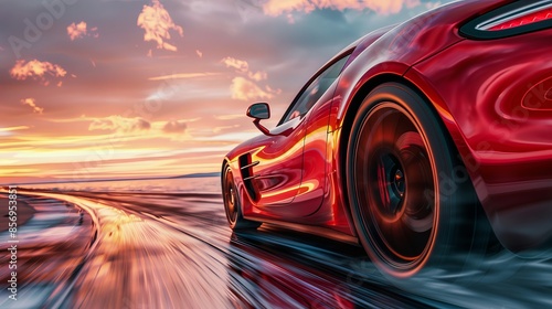 A close-up shot of a red electric sports car speeding around a coastal road corner under a cloudy dawn sky © Orxan