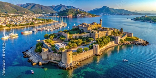 Aerial view of Saint Peter Castle in Bodrum overlooking the beautiful bay , Saint Peter Castle, Bodrum, aerial view photo