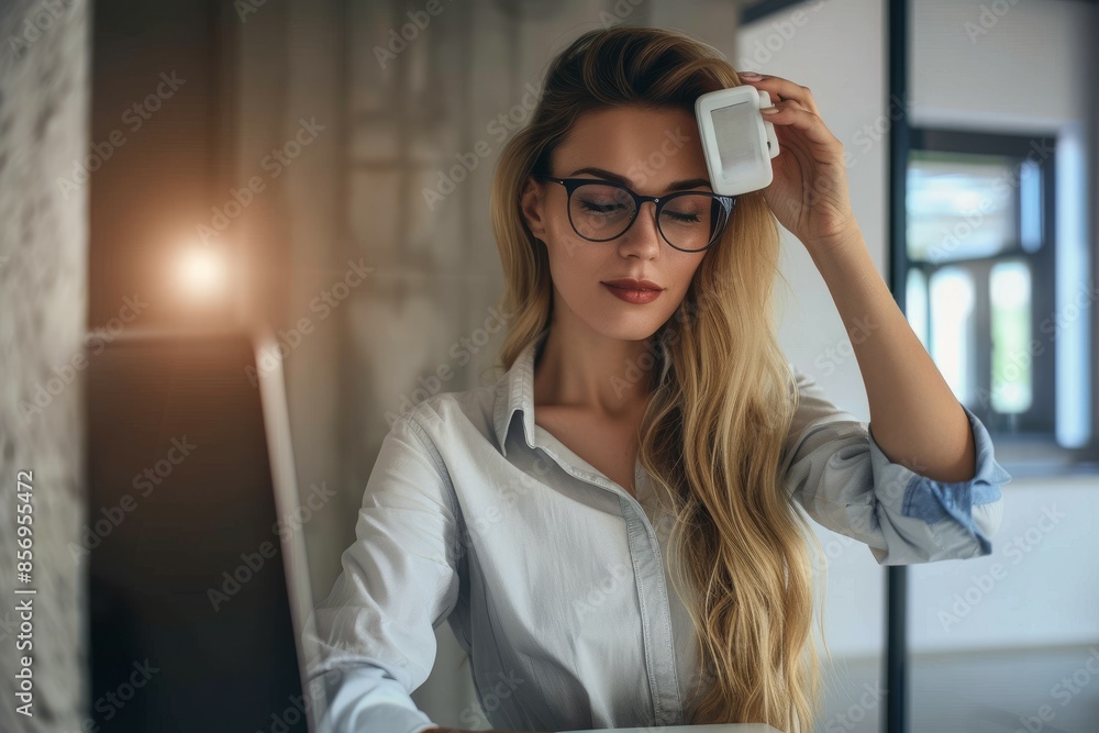 Young woman changing temperature on thermometer in the office Young woman changing temperature on thermometer in the office