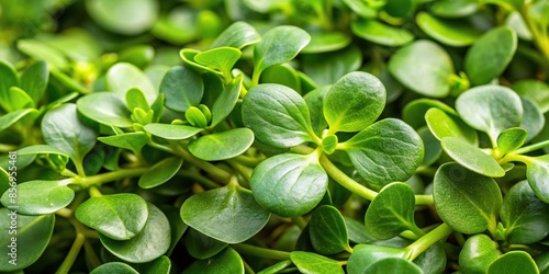 Close-up of fresh common purslane, a nutritious leafy green vegetable , pursley, edible, healthy, organic, garden, ingredient, green photo
