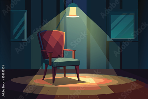 Single chair under a spotlight in a dark room, vector cartoon illustration.