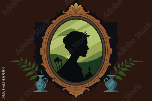 Vintage silhouette portrait in ornate frame vector cartoon illustration. Classical profile depiction with decorative elements.