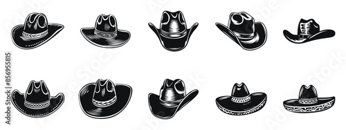 Cowboy hats collection vector black and white illustration. Various western style headwear silhouette.