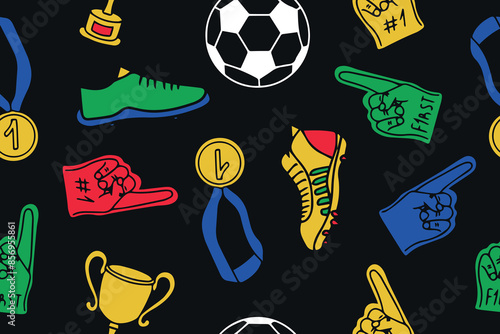 Seamless pattern of clothing and paraphernalia of football players in doodle style. Football decorative illustration. Vector. 