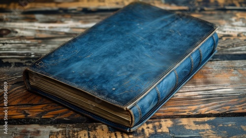 Vintage Blue Leather Book with Weathered Wooden Background