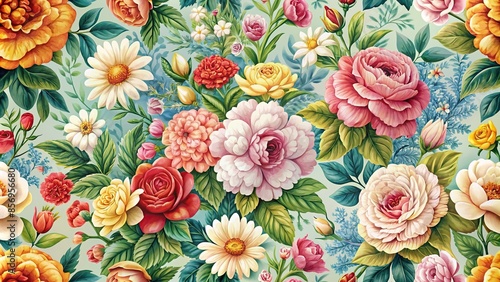 Seamless blooming flowers pattern in oil paint style, flowers, blooming, seamless, pattern, oil paint, artistic © wasana