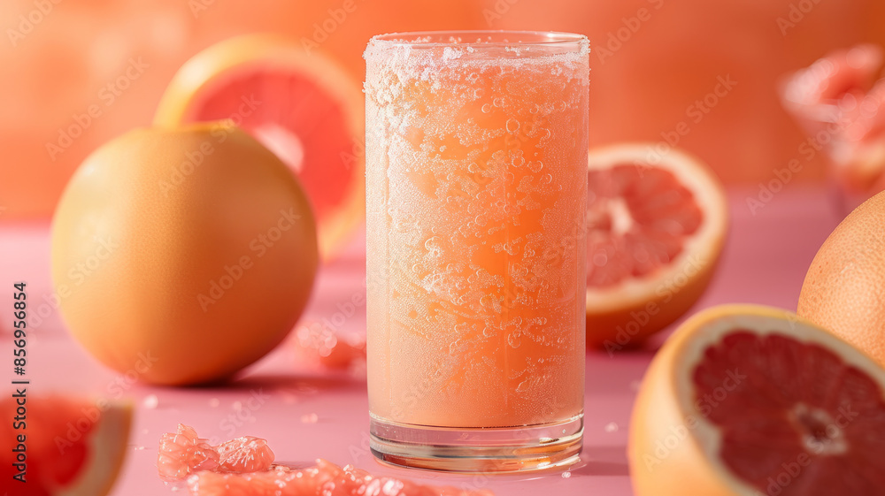 A glass of grapefruit juice surrounded by whole and halved grapefruits. A glass of grapefruit juice surrounded by whole and halved grapefruits.