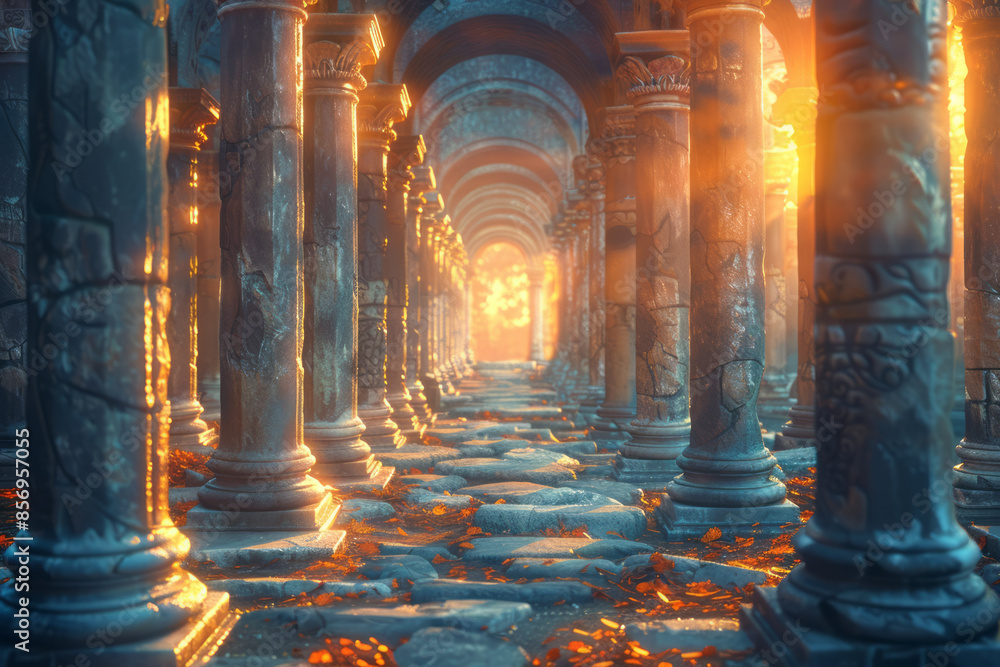 Fototapeta premium Dawn light creating a magical atmosphere around ancient pillars in a 3D digital scene,