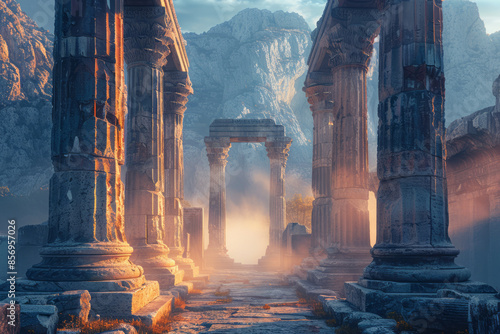 Ancient pillars glowing in the early light of dawn in a mesmerizing 3D artwork, photo