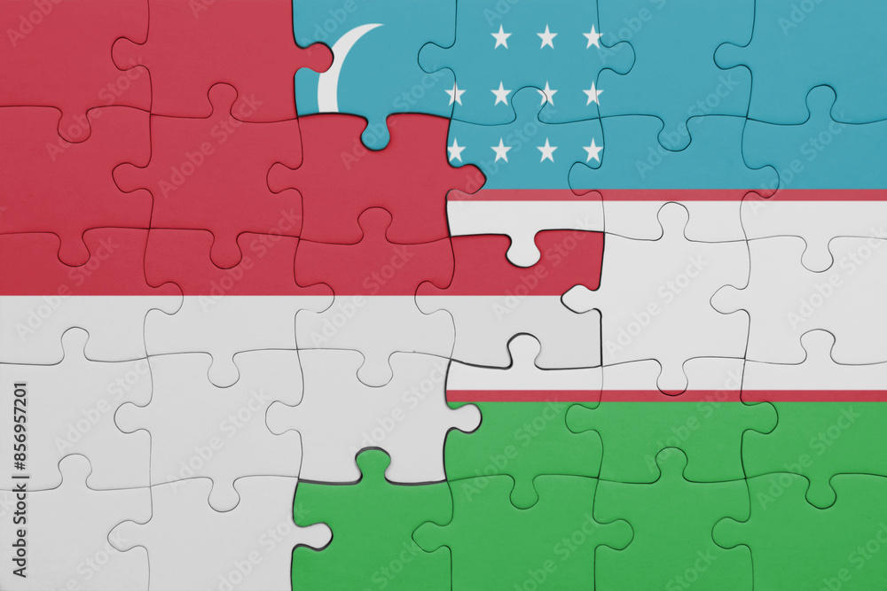 Fototapeta premium puzzle with the colourful national flag of uzbekistan and flag of indonesia.
