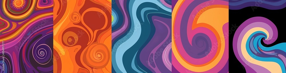 Abstract retro groovy background vector set of 6 in purple, orange and blue color scheme Abstract retro groovy background vector set of 6 in purple, orange and blue color scheme