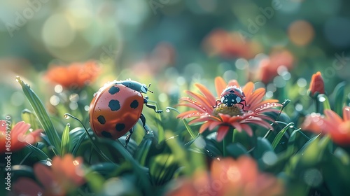 Digital technology green balloon grass ladybug illustration poster background © jinzhen