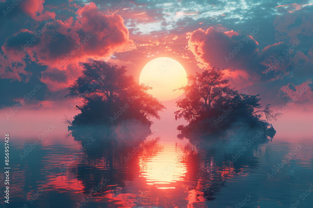 Dreamy ethereal horizon with floating islands and a glowing sun, Dreamy ethereal horizon with floating islands and a glowing sun,