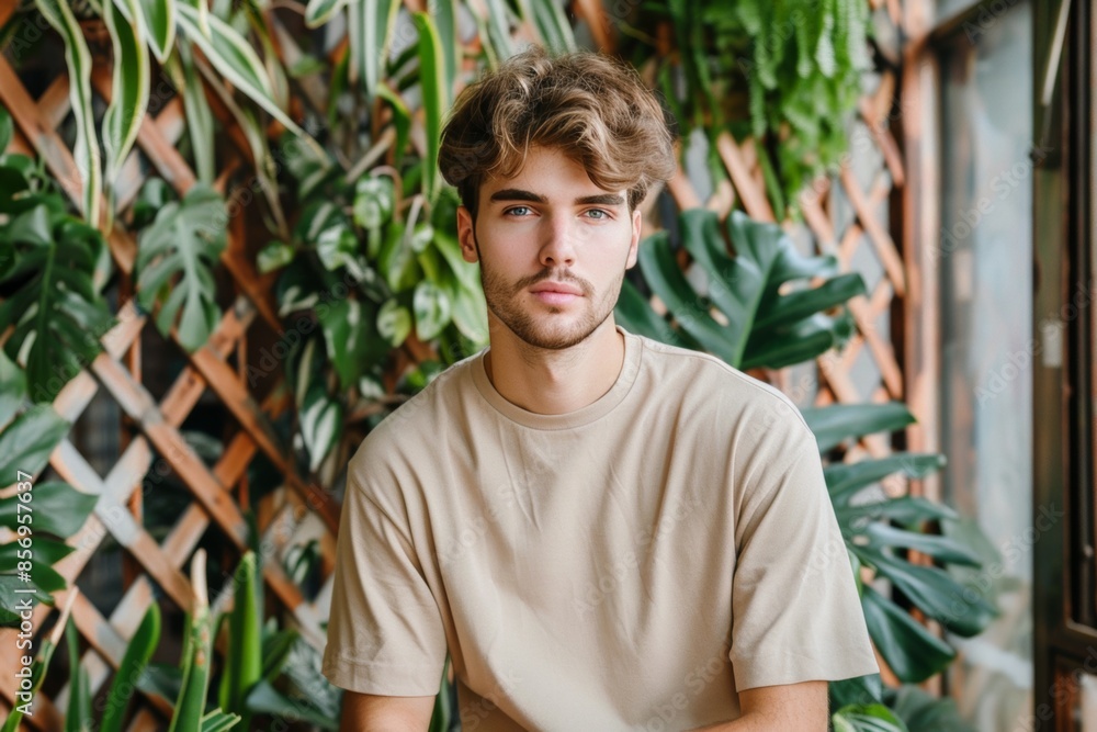 Casual young man posing in front of green plants Casual young man posing in front of green plants