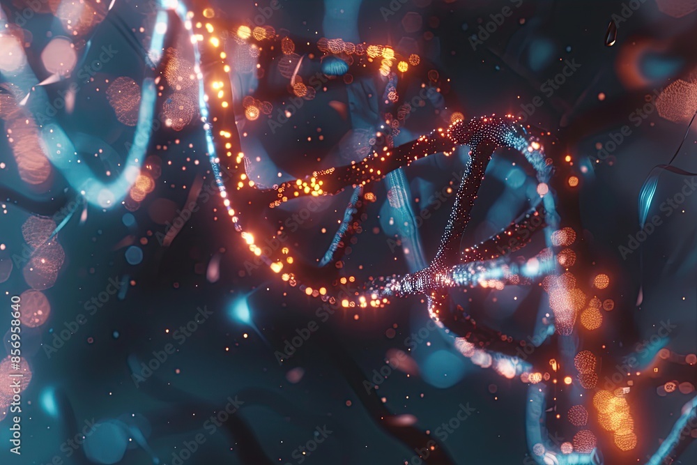 High-contrast digital art of a holographic DNA strand with glowing connections, depicting advanced genetic research in a futuristic setting. High-contrast digital art of a holographic DNA strand with glowing connections, depicting advanced genetic research in a futuristic setting.