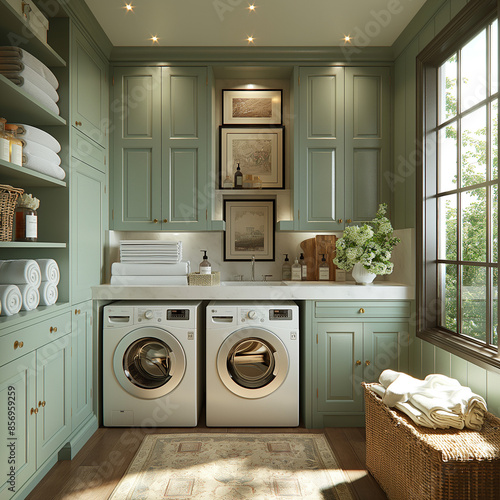 Laundry room in green tones. 3d render image.