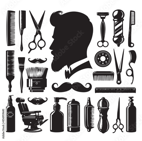 Barber and hairdresser icon set. Barbershop tools. Hair cut instruments with retro razor, comb or brush, scissors, vintage blade.