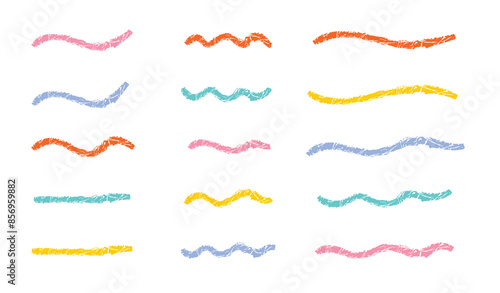 Dry brush mark, pencil squiggle and scribble. Hand drawn vector crayon various line, spiral and doodle. Color rough highlighter, chalk stroke, pencil divider. Curly line. Scratchy strokes