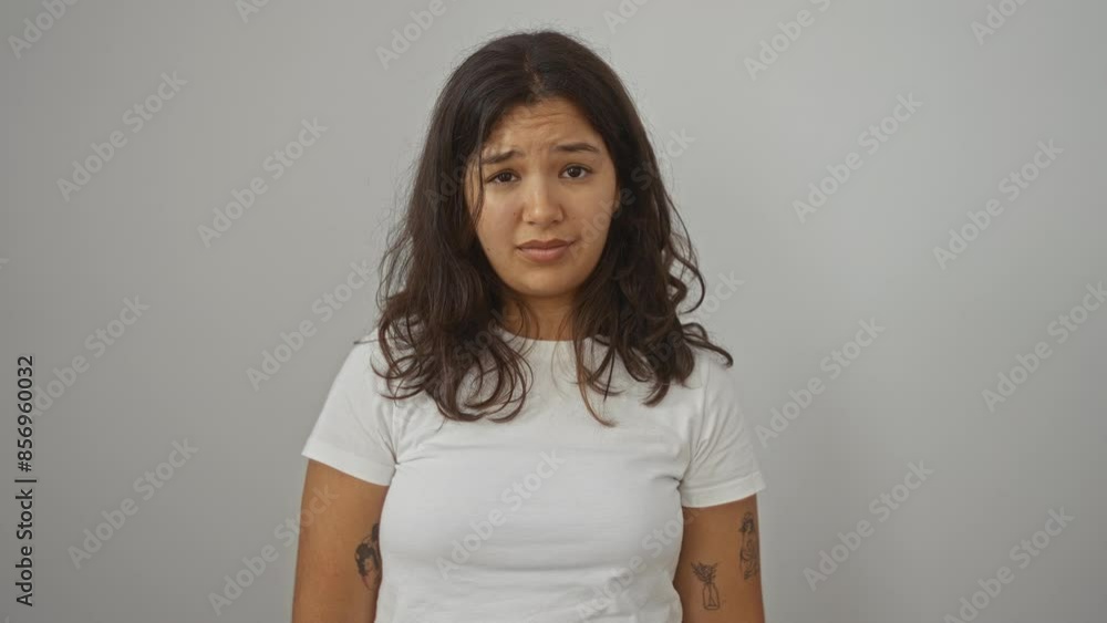 Young woman standing, wearing white t-shirt, frowning and upset, hispanic person looking nervous and skeptic over isolated background with negative emotion due to a problem Young woman standing, wearing white t-shirt, frowning and upset, hispanic person looking nervous and skeptic over isolated background with negative emotion due to a problem