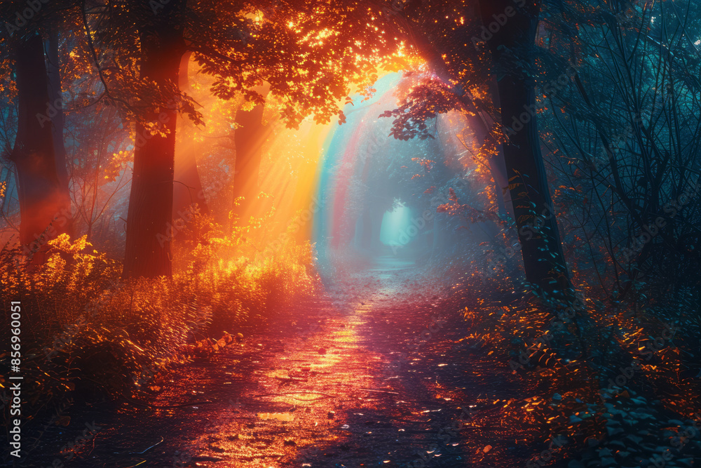 Enchanted forest pathway illuminated by a glowing rainbow at the end, Enchanted forest pathway illuminated by a glowing rainbow at the end,