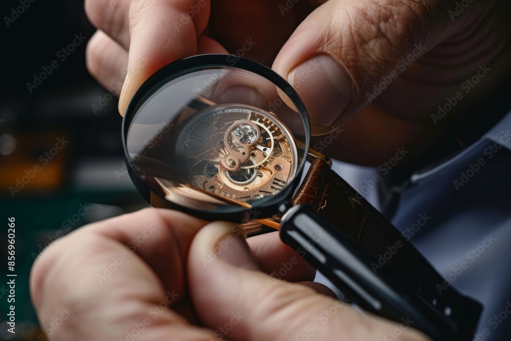 Foto de Male watch maker repairing wristwatch at a repair