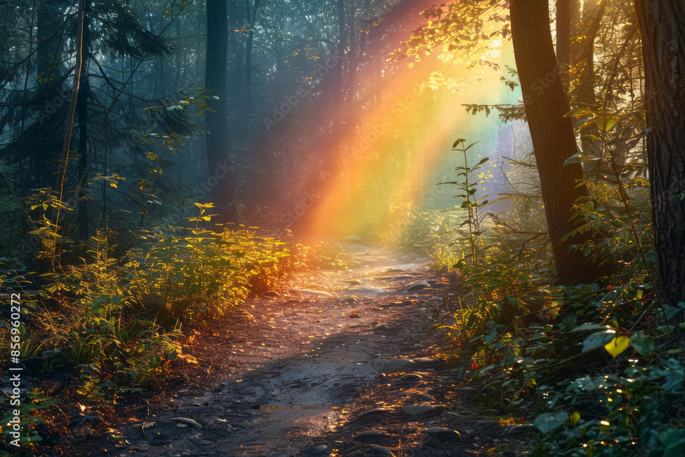 A serene woodland path with a rainbow shining through the trees, A serene woodland path with a rainbow shining through the trees,