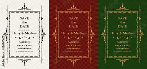 Luxury invitation card background vector. Elegant classic antique design, gold lines , sparkle on a green or red background. Premium design illustration for gala card, grand opening, art deco magazine