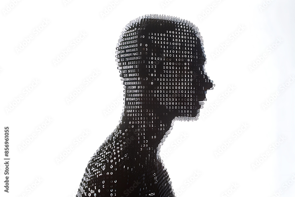 Isolated silhouette of a man’s portrait made from binary code in a wireframe plexus style on a white background. Isolated silhouette of a man’s portrait made from binary code in a wireframe plexus style on a white background.