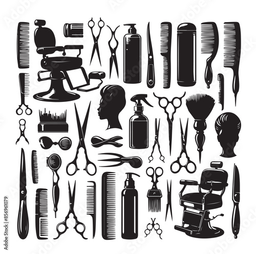 Barber and hairdresser icon set. Barbershop tools. Hair cut instruments with retro razor, comb or brush, scissors, vintage blade.