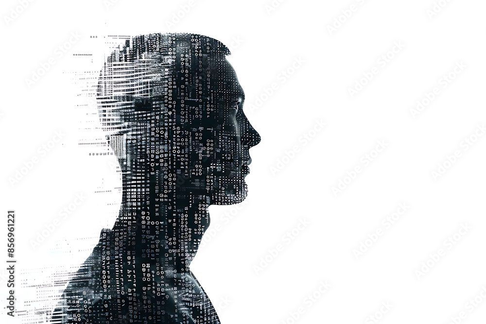 Isolated silhouette of a man’s portrait made from binary code in a wireframe plexus style on a white background. Isolated silhouette of a man’s portrait made from binary code in a wireframe plexus style on a white background.