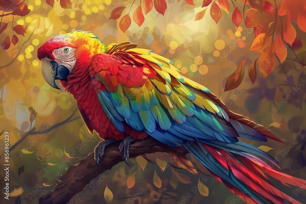 Obraz premium Scarlet Macaw Perched on a Branch in Autumn.