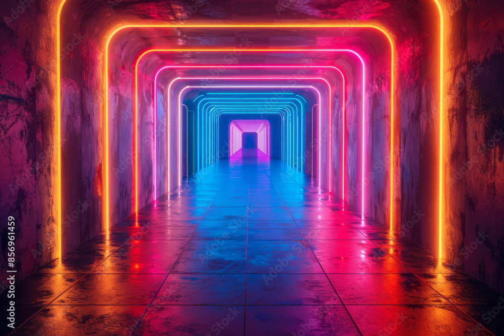 Digital scene of a vivid corridor with neon colors leading to a brilliant horizon, Digital scene of a vivid corridor with neon colors leading to a brilliant horizon,