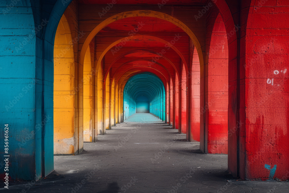 Fototapeta premium A corridor filled with vibrant, digital art colors, opening to a bright horizon,