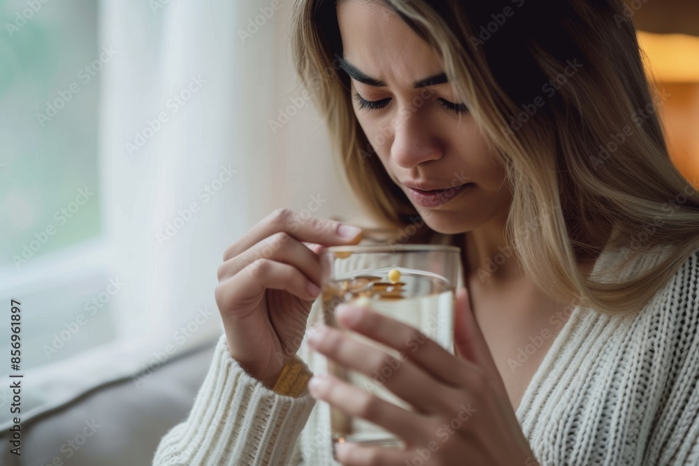 Woman taking medicine and holding a glass of water in hand, Because there is an illness Woman taking medicine and holding a glass of water in hand, Because there is an illness
