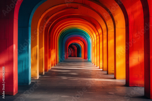 Colorful digital corridor with vibrant hues leading to a shining, bright horizon,